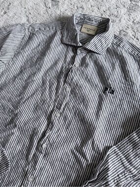 YoungLA Men's Gray & White Striped Button-Up Linen Shirt Long Sleeve Size Med